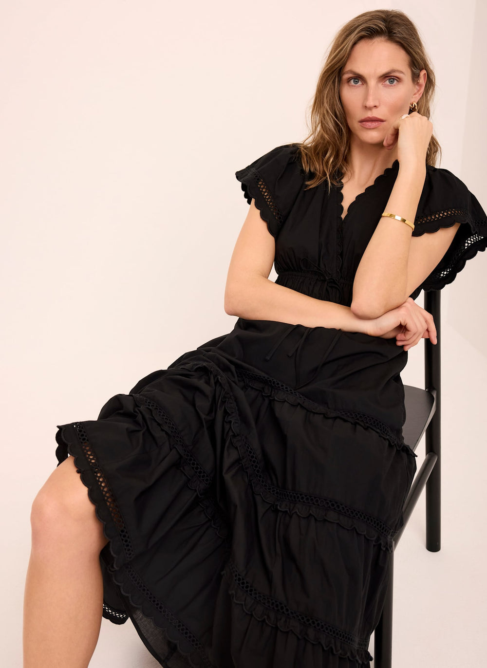 Black Cotton Ruffle Midi Dress