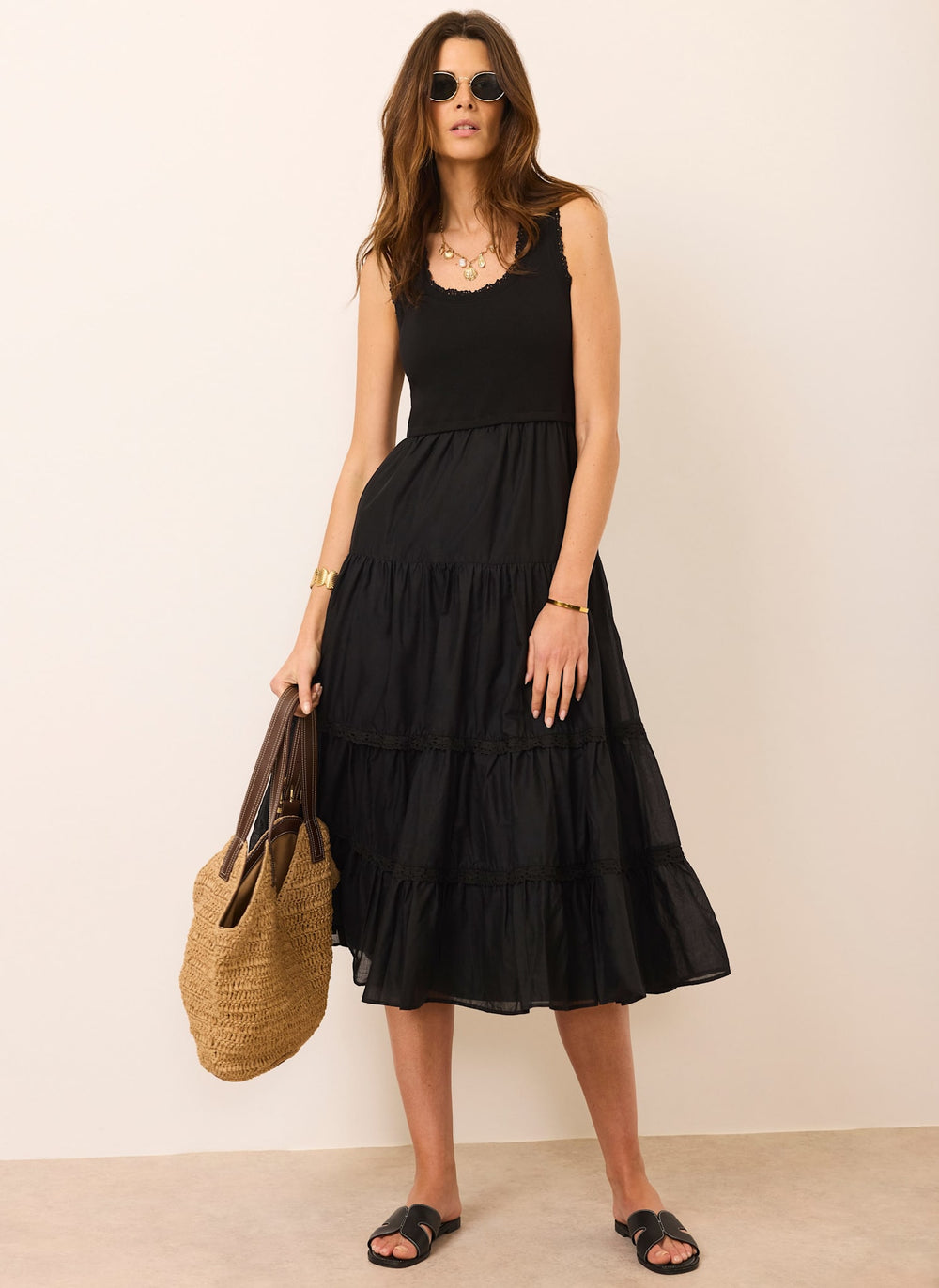 Black Cotton Blend Midi Dress