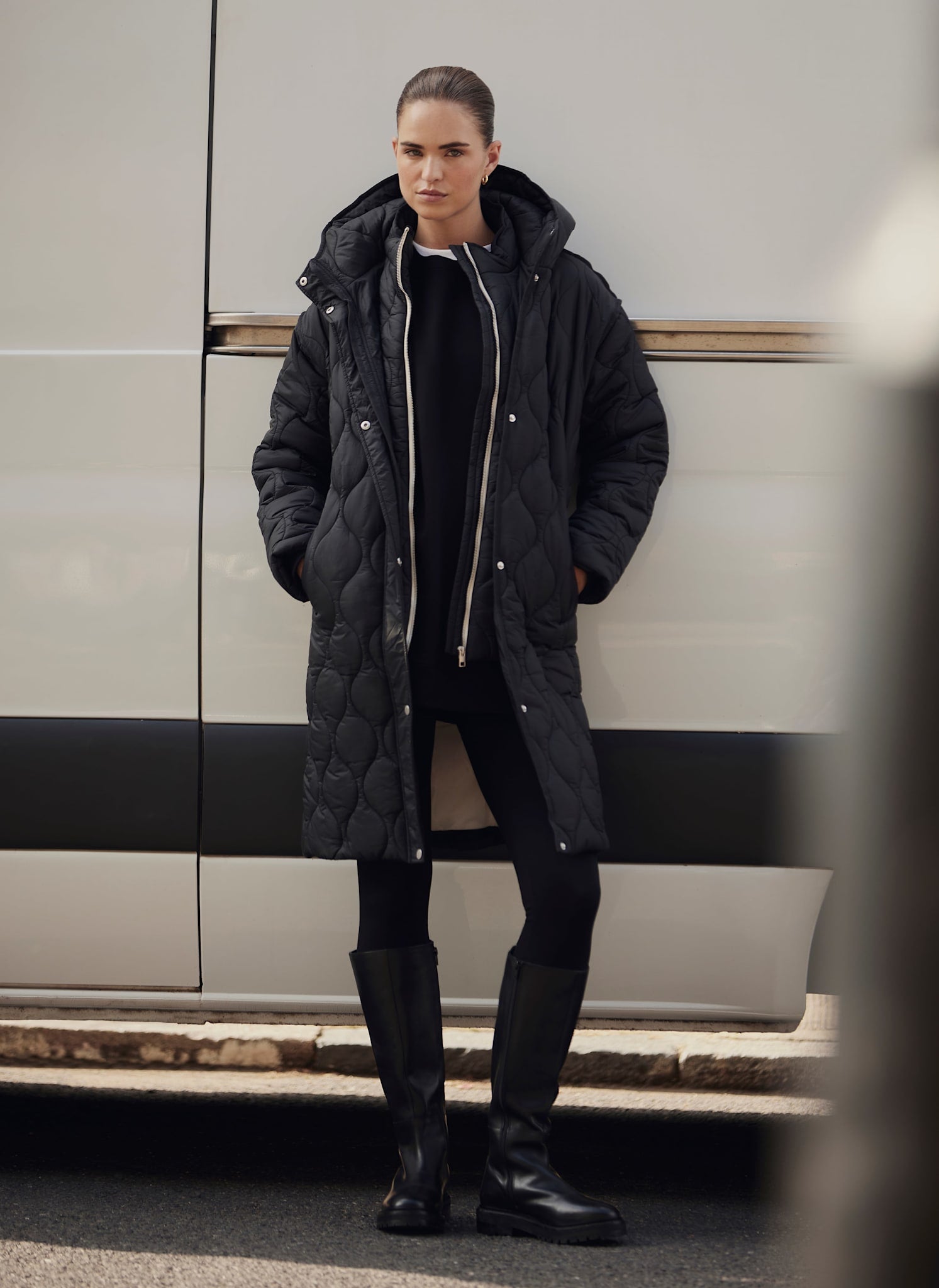 Black Double Layer Quilted Coat – Mint Velvet - Main Image