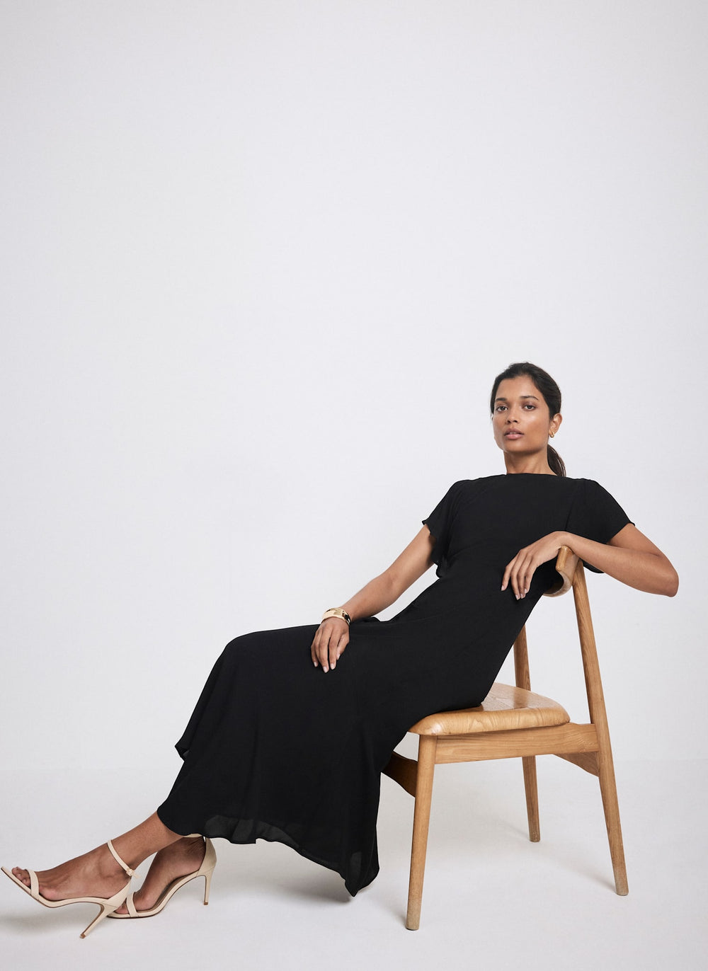 Black Draped Asymmetric Midi Dress