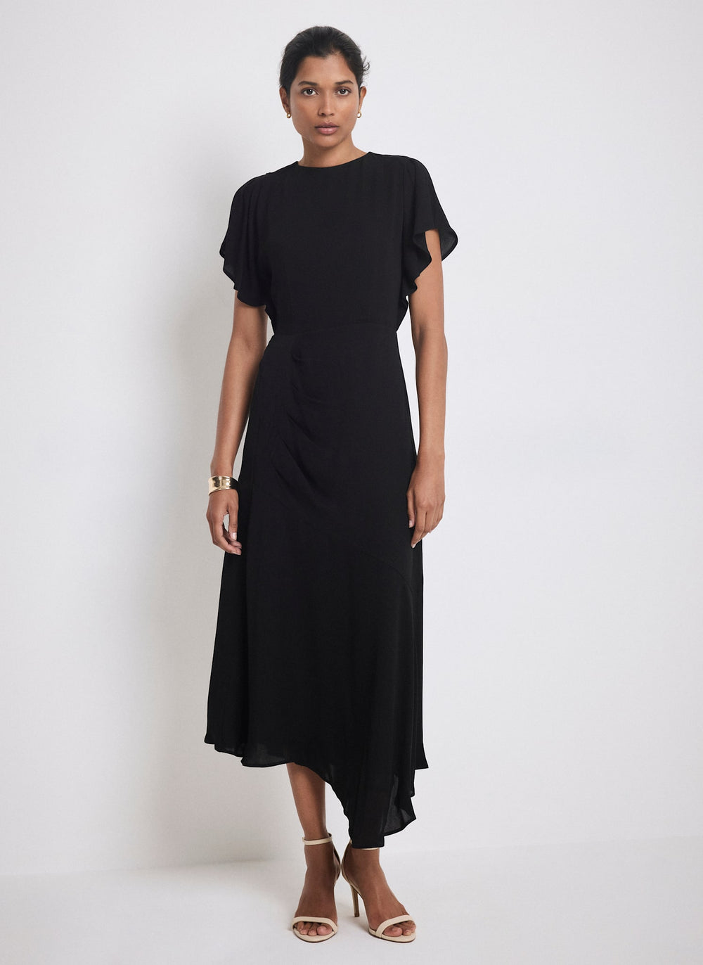 Black Draped Asymmetric Midi Dress