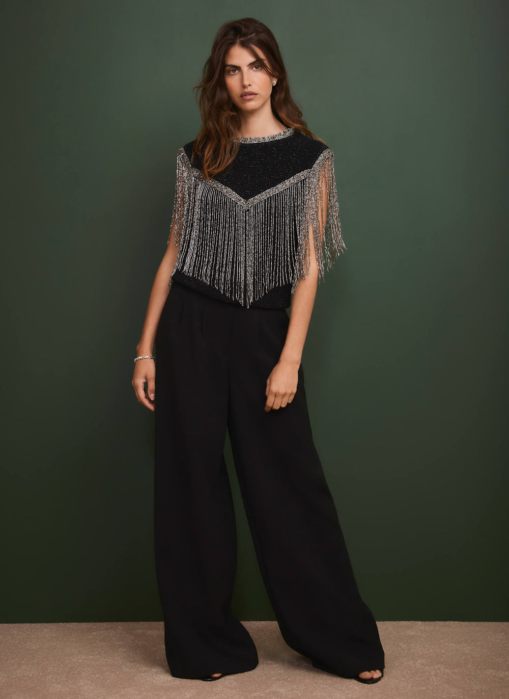 Black Embellished Fringe Detail Top