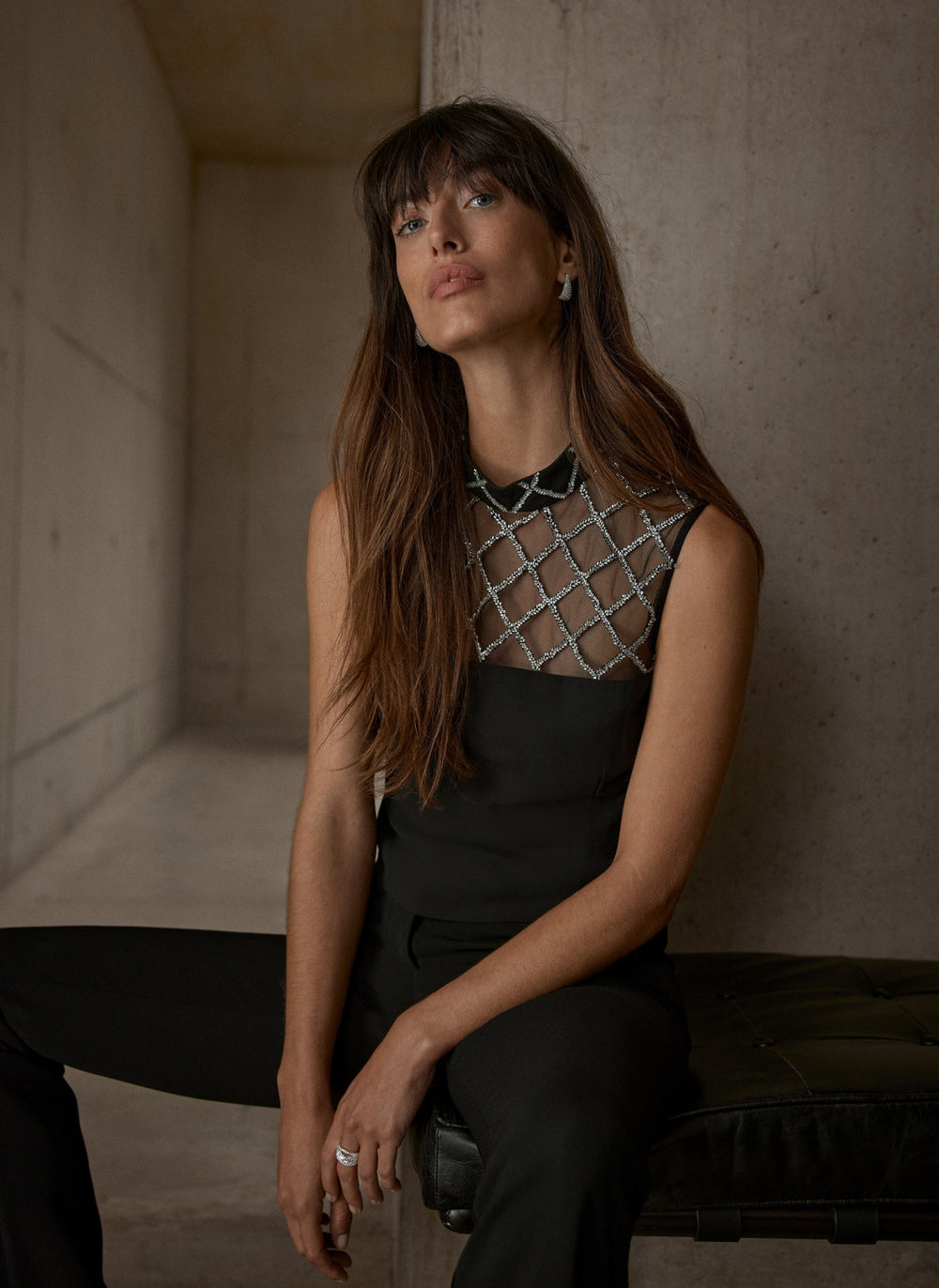 Black Embellished Mesh Top