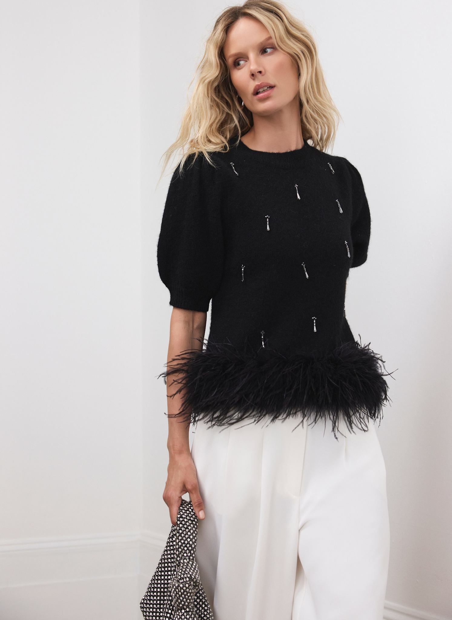 Black Embellished Feather Trim Knit Top – Mint Velvet