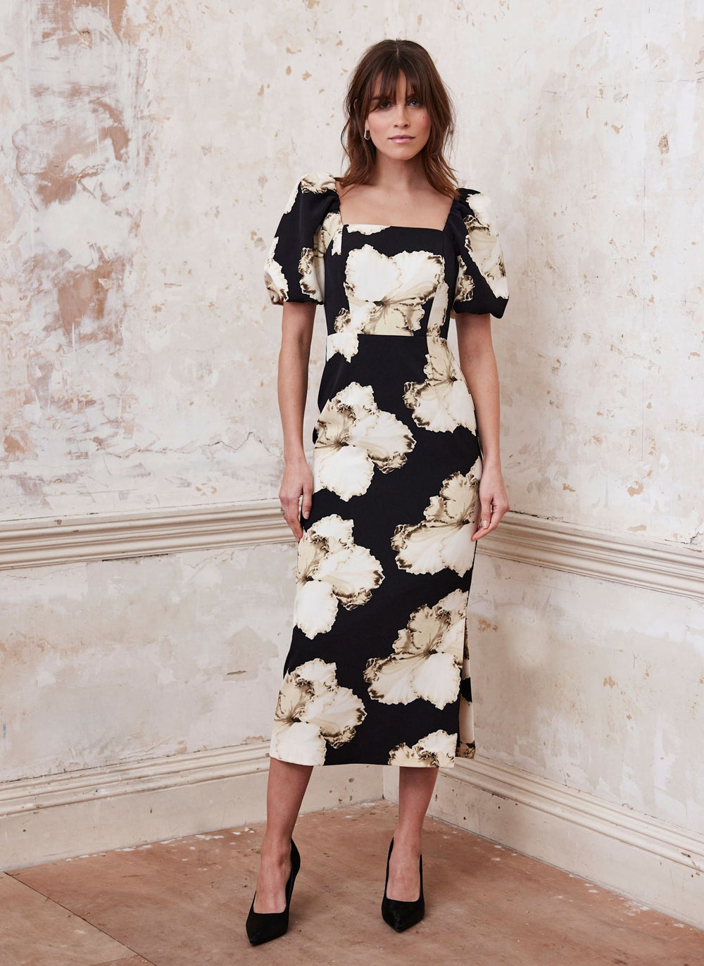 Black Floral Print Midi Dress