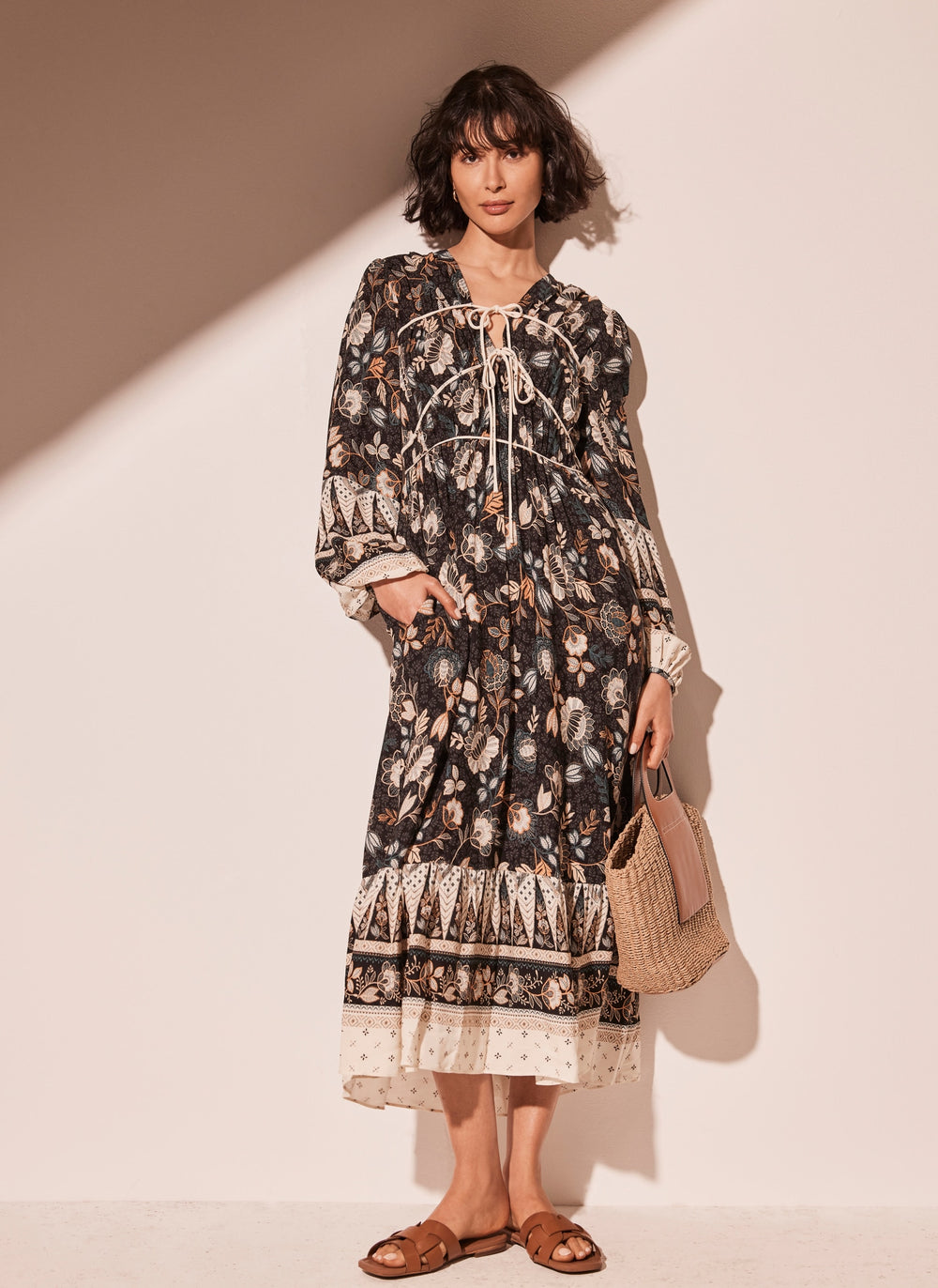 Black Floral Print Midi Dress