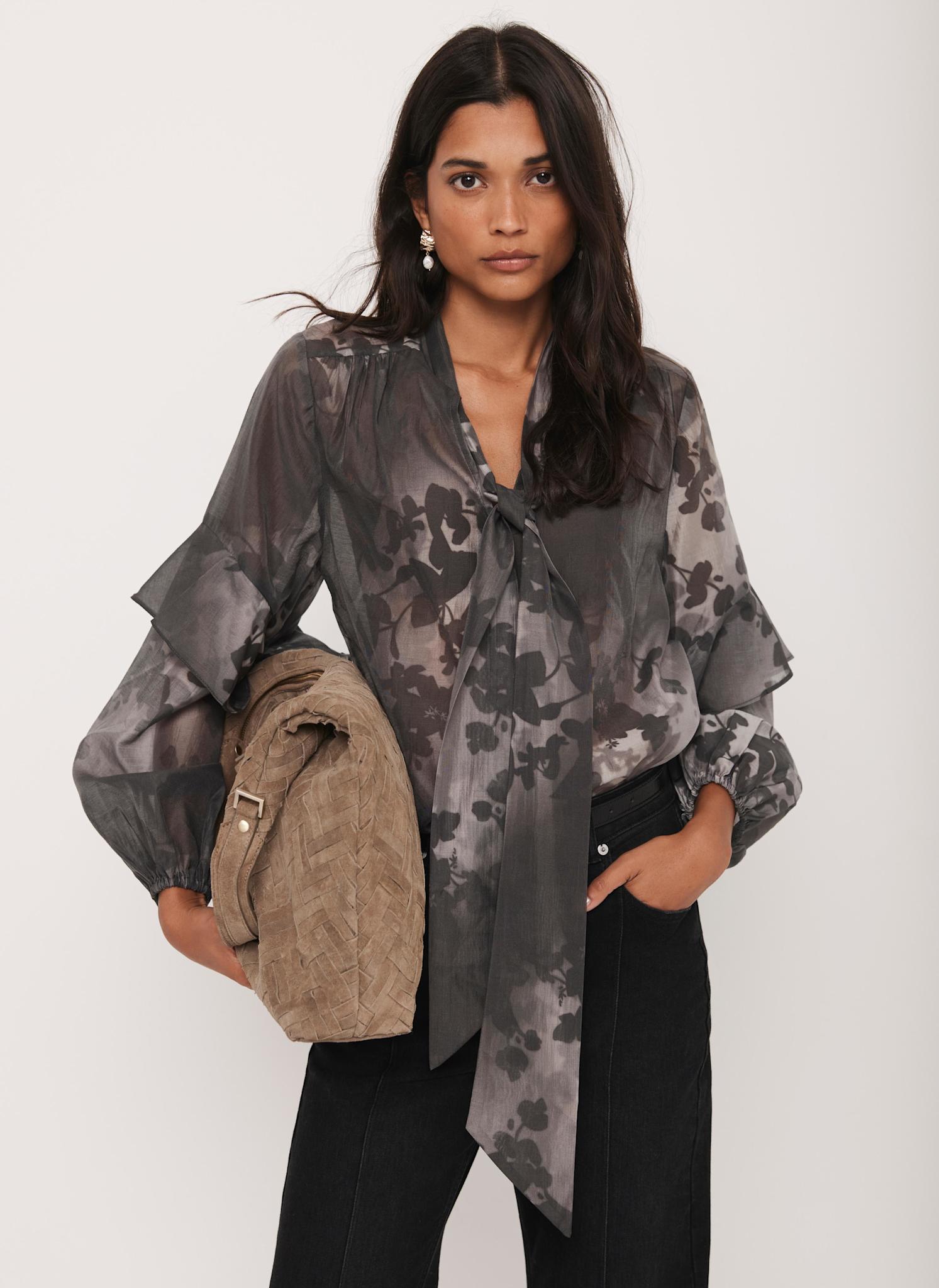 Black Floral Tie Neck Blouse – Mint Velvet