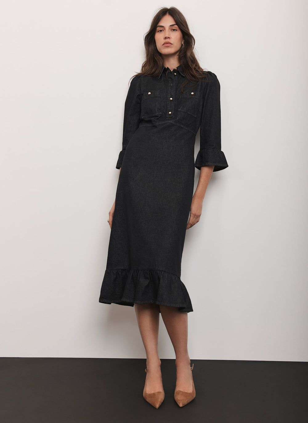 Black Denim Midi Shirt Dress