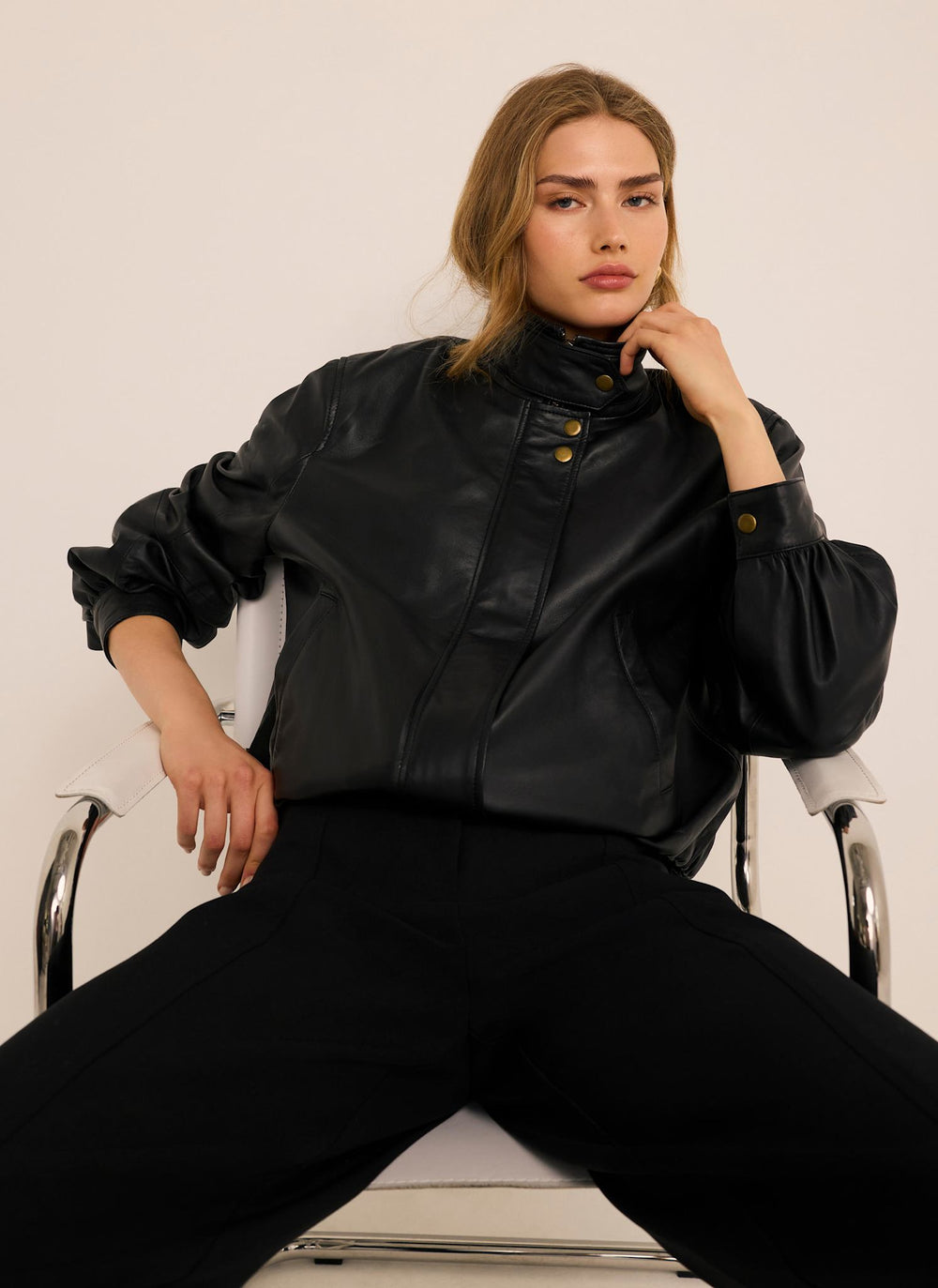 Black Funnel Neck Leather Jacket