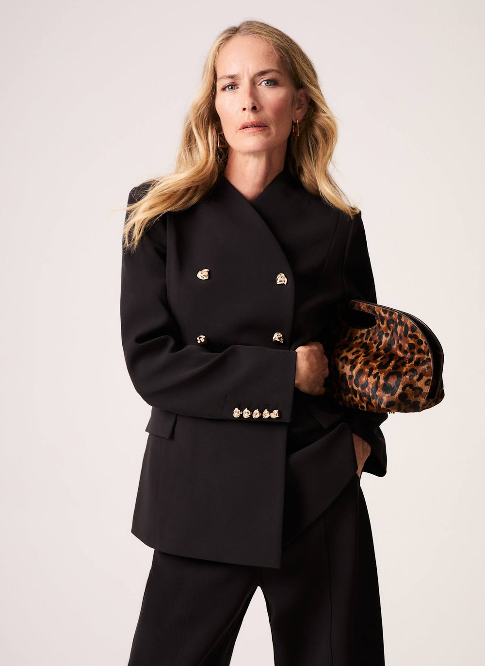 Black Stand Neck Double Breasted Blazer