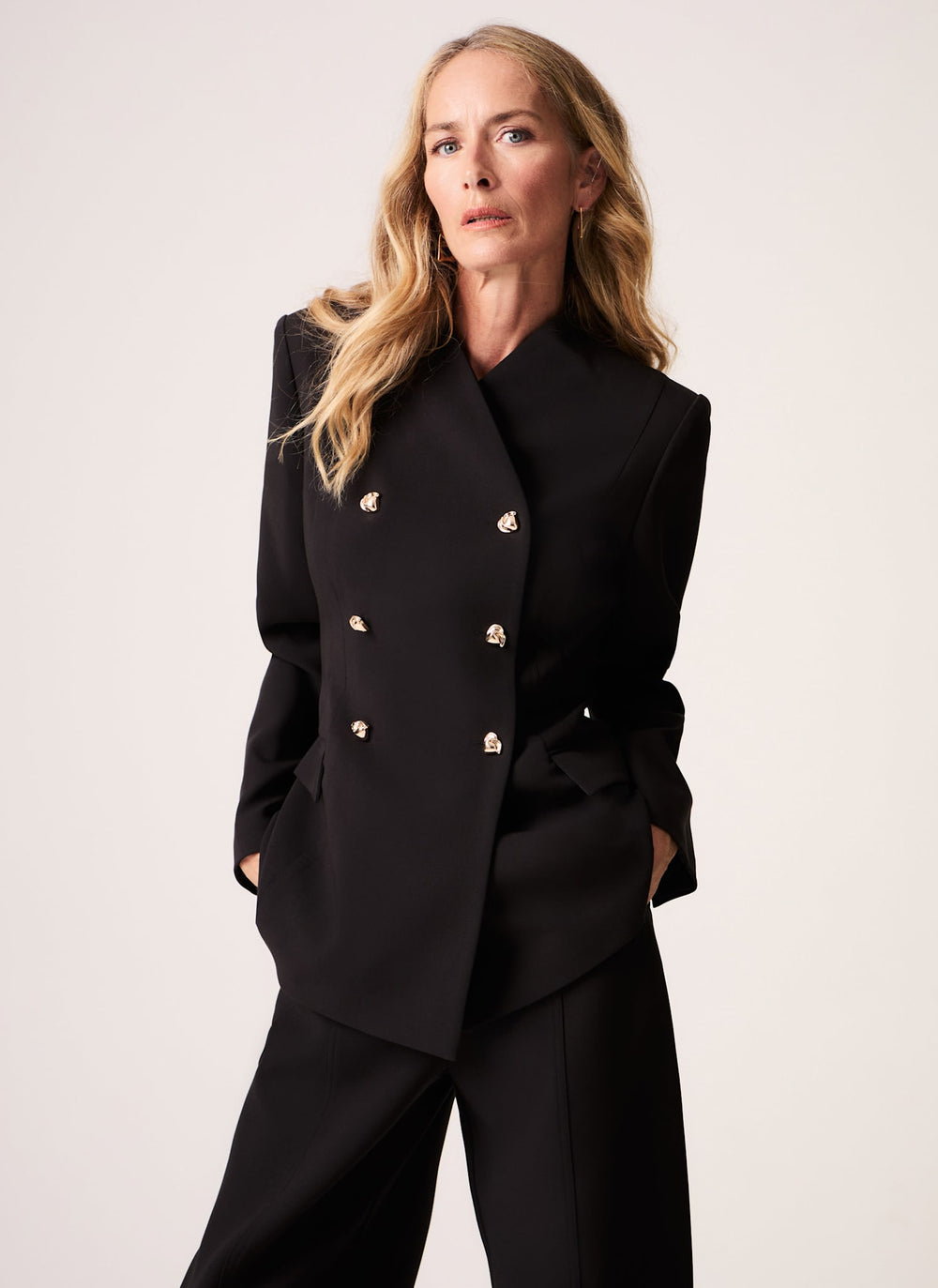 Black Stand Neck Double Breasted Blazer