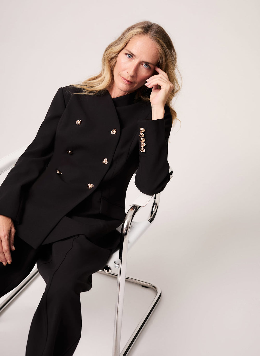 Black Stand Neck Double Breasted Blazer