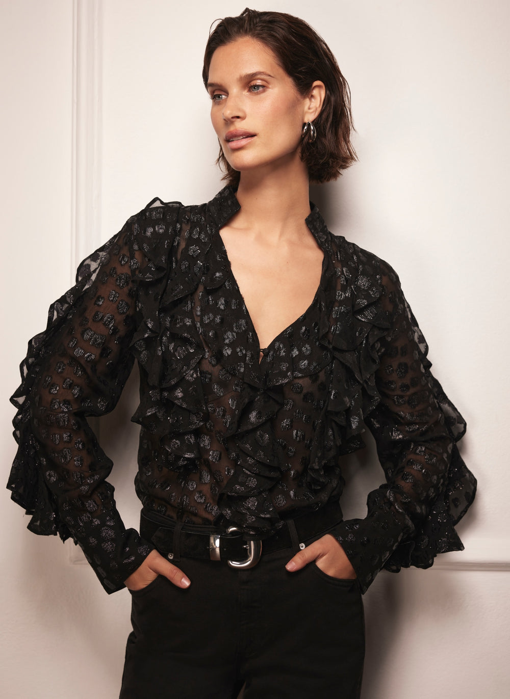 Black Jacquard Ruffle Blouse