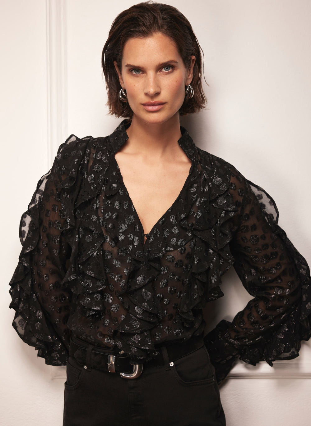 Black Jacquard Ruffle Blouse