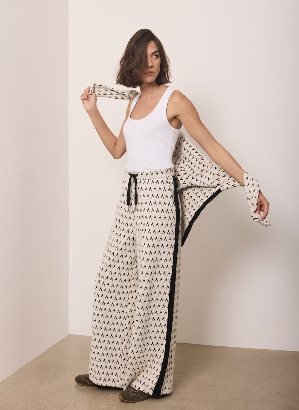 Neutral Jacquard Wide Leg Trousers