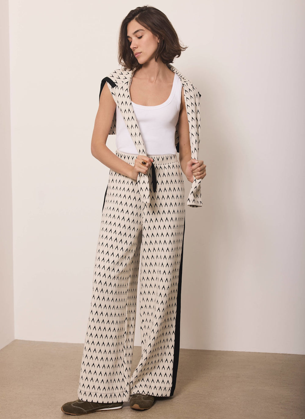 Neutral Jacquard Wide Leg Trousers