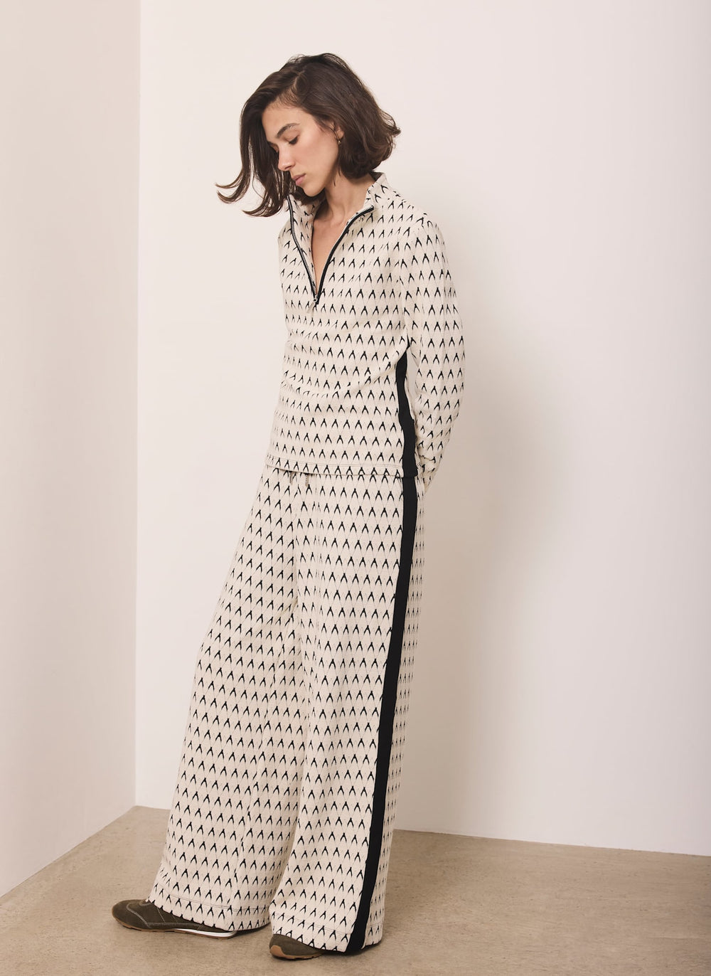 Neutral Jacquard Wide Leg Trousers