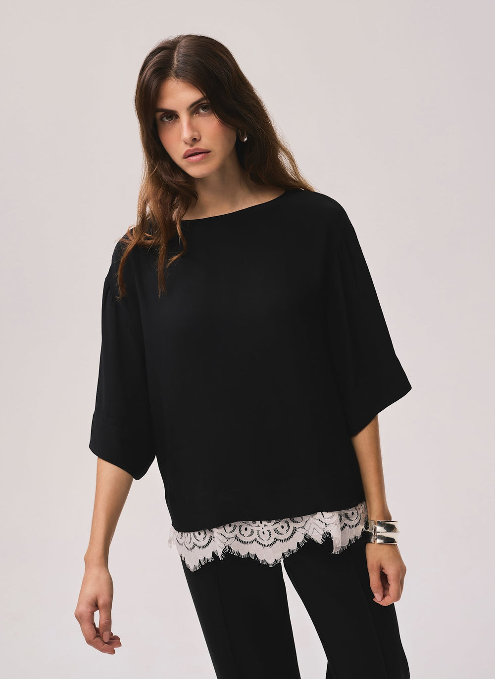 Black Satin Lace Trim Top