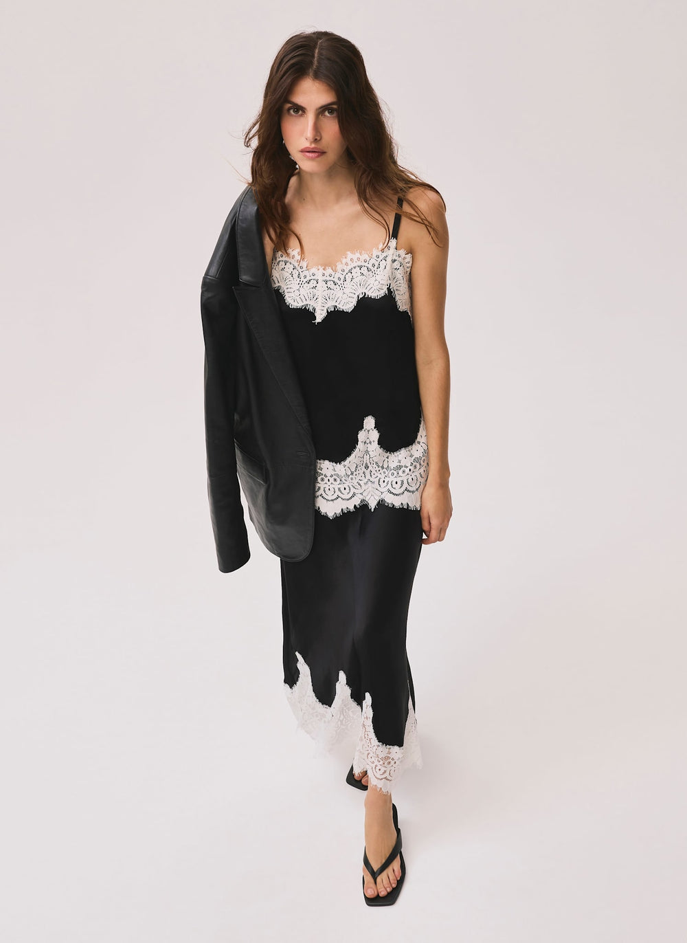 Black Satin Lace Midi Skirt