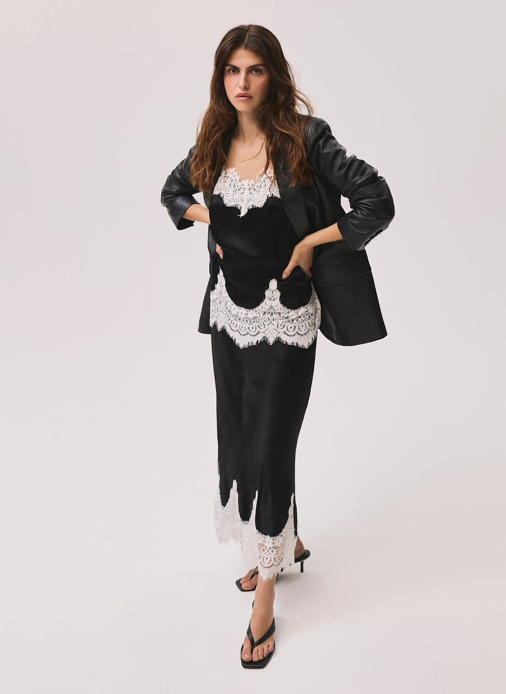 Black Satin Lace Midi Skirt