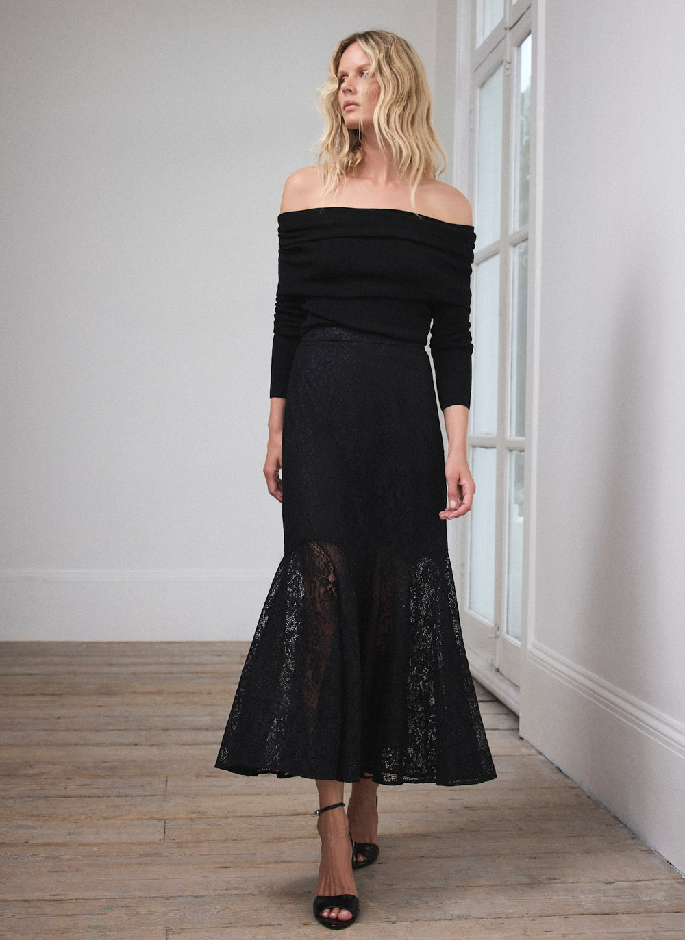 Black Lace Fluted Sheer Midi Skirt
