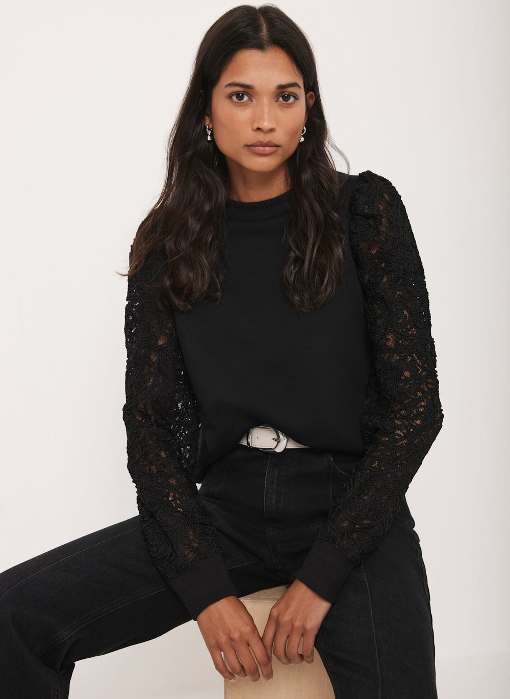 Black Lace Sleeve Sweatshirt