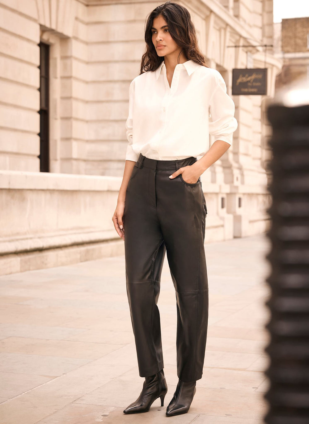 Black Leather Barrel Leg Trousers