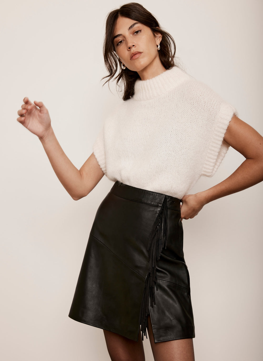 Black Leather Fringe Mini Skirt