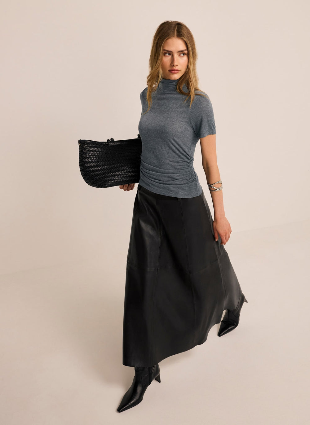 Black Leather Full Midi Skirt