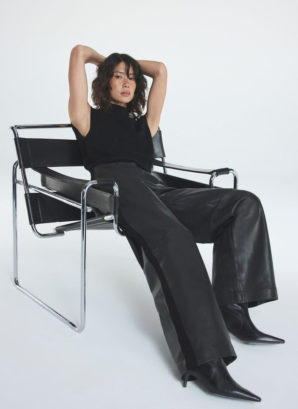 Black Leather Wide Leg Trousers