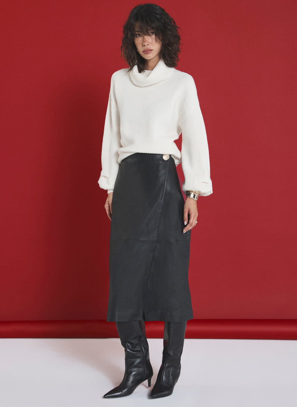 Black Leather Wrap Midi Skirt