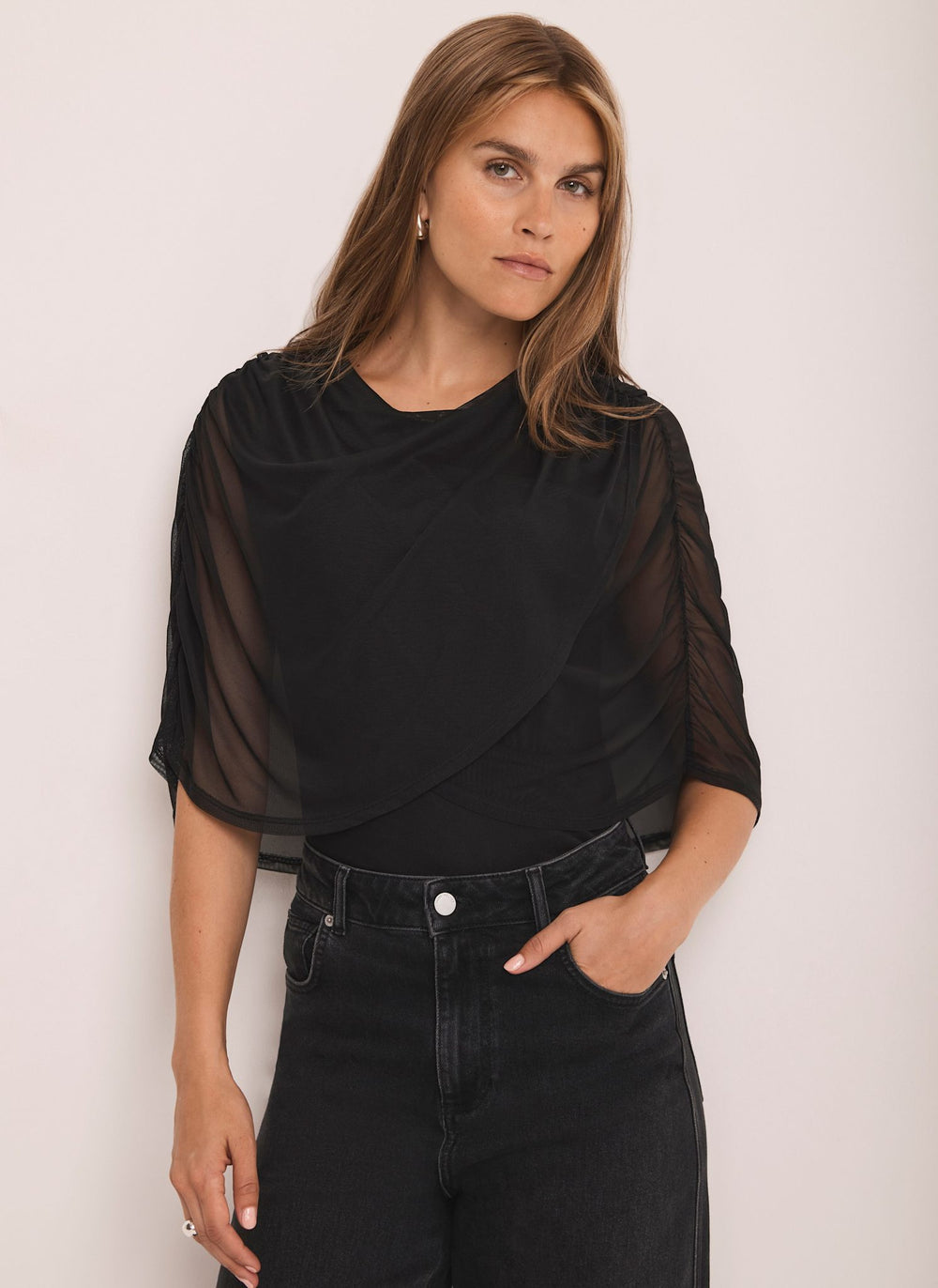 Black Mesh Cape Detail Top