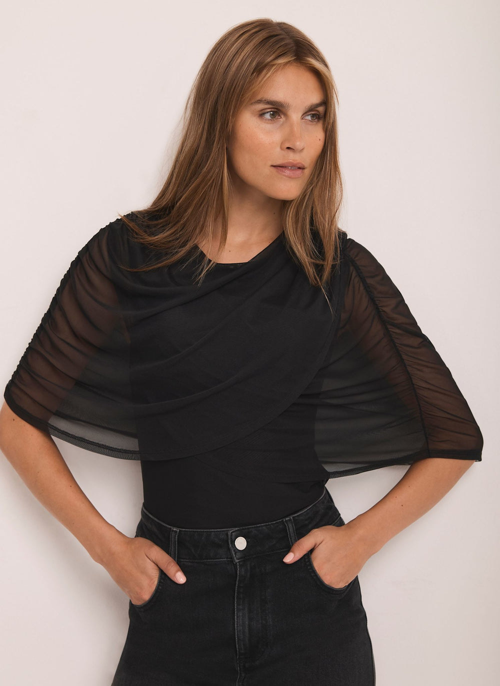 Black Mesh Cape Detail Top