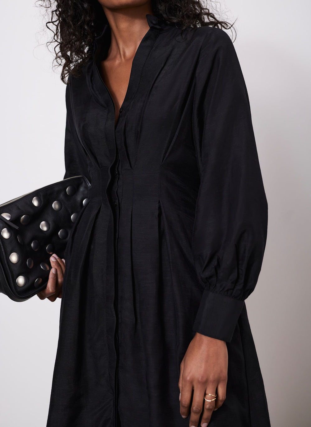 Black Pleated Midi Shirt Dress