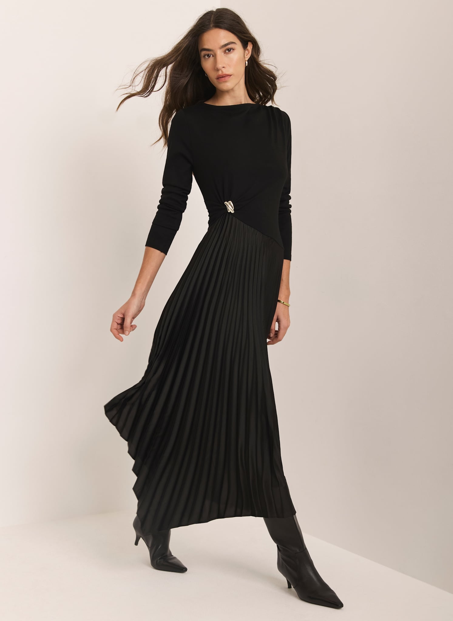 Black Pleated Asymmetric Midi Dress – Mint Velvet