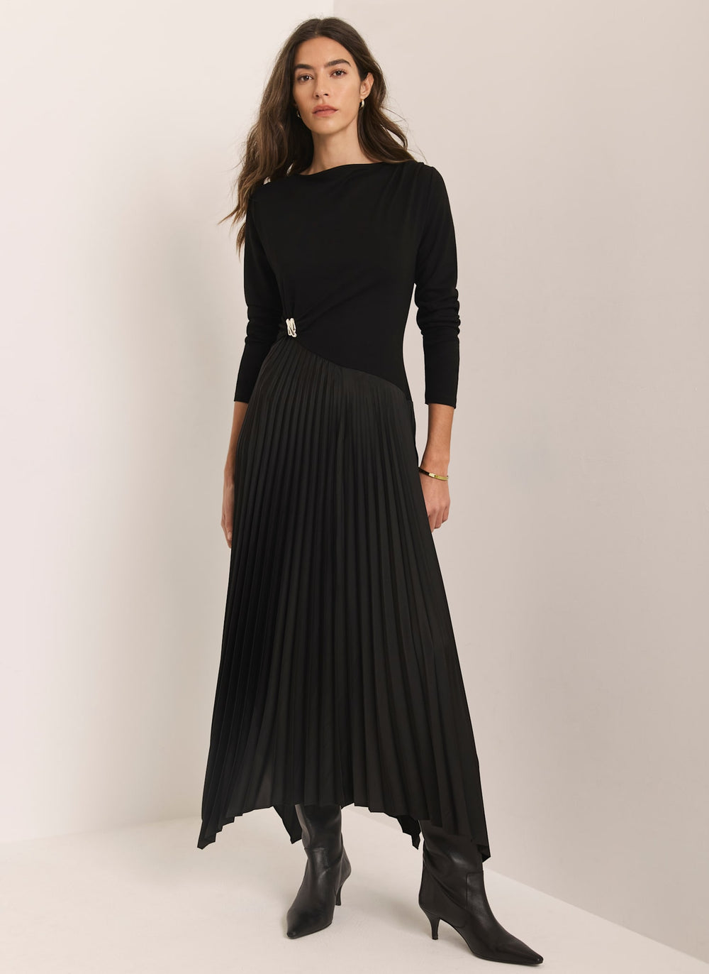 Black Pleated Asymmetric Midi Dress