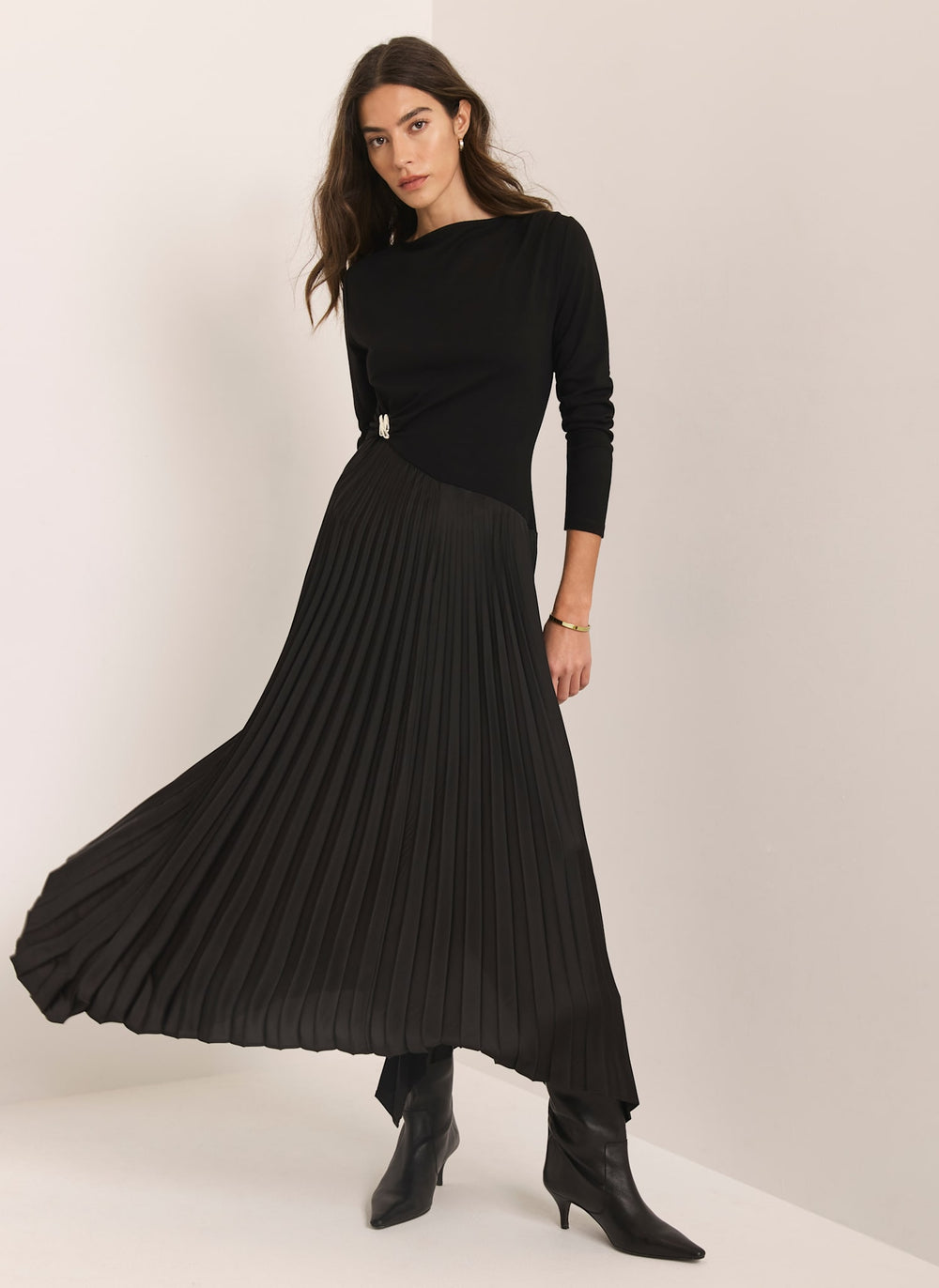 Black Pleated Asymmetric Midi Dress