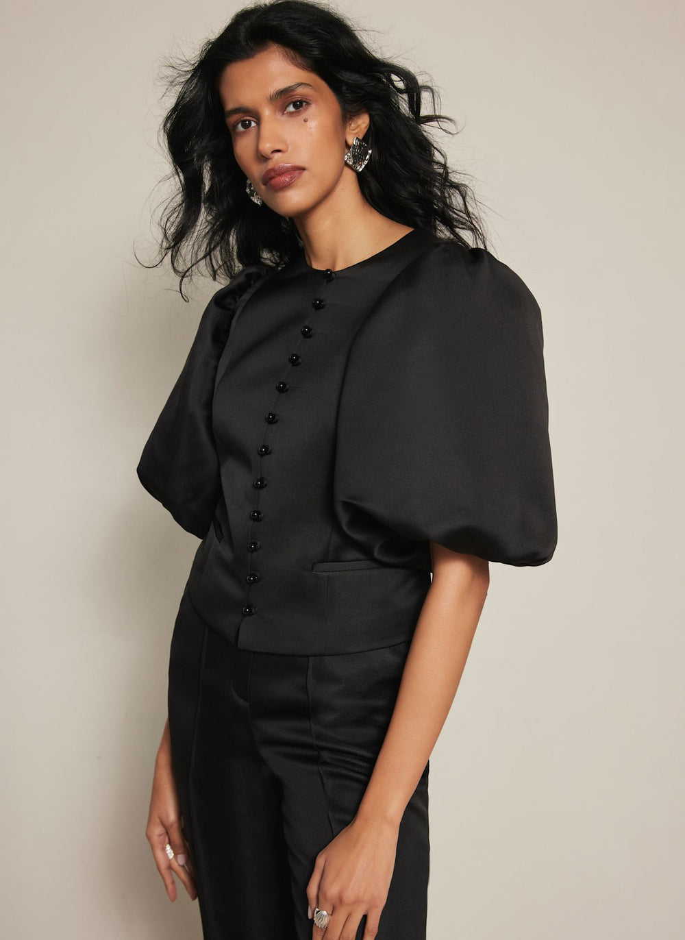 Black Puff Sleeve Satin Jacket