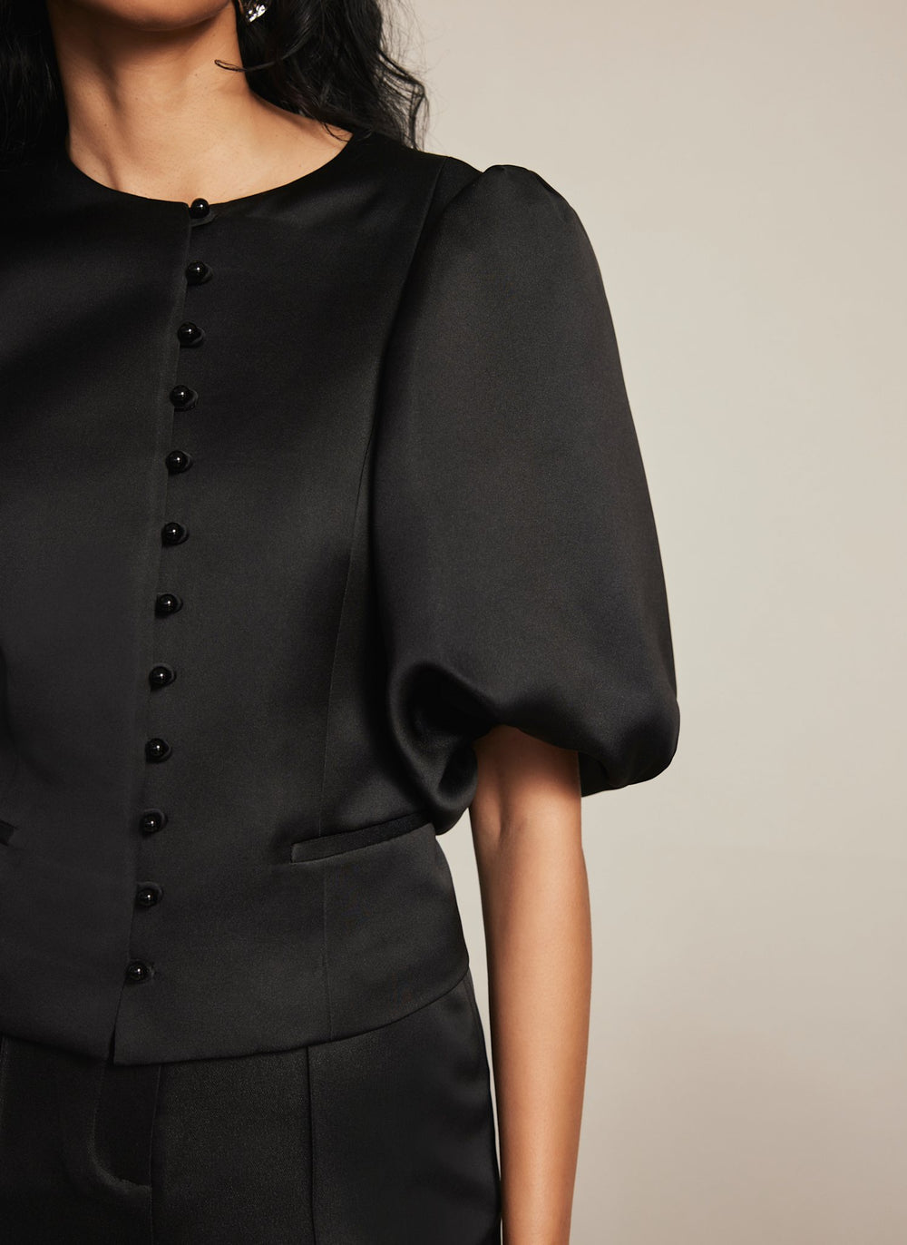 Black Puff Sleeve Satin Jacket