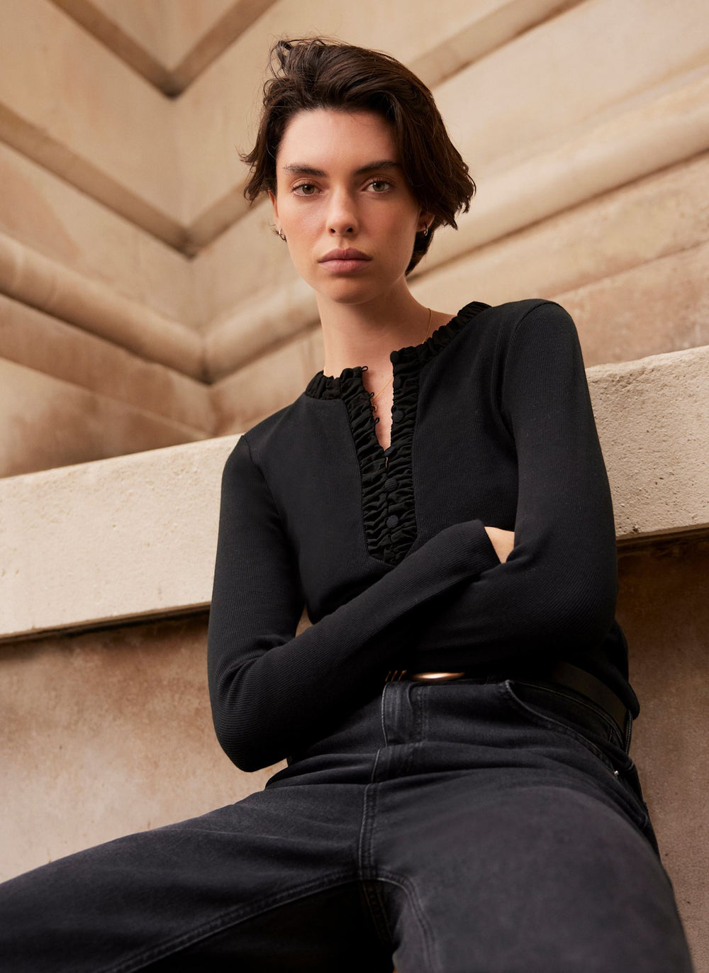 Black Ruched Cotton Blend Henley Top