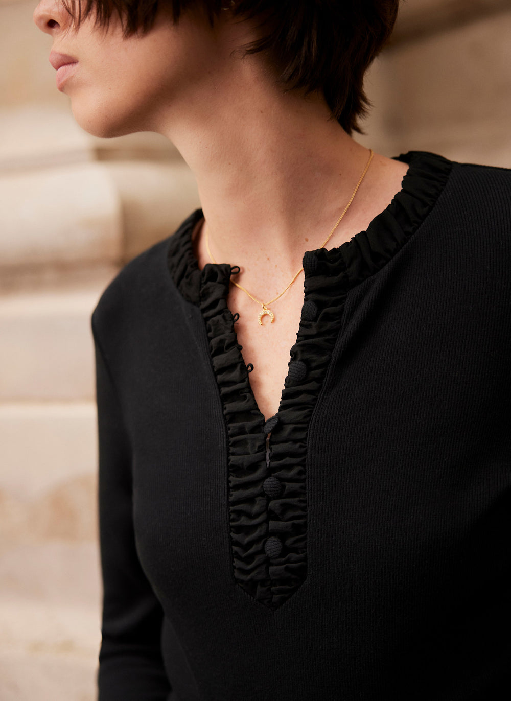 Black Ruched Cotton Blend Henley Top