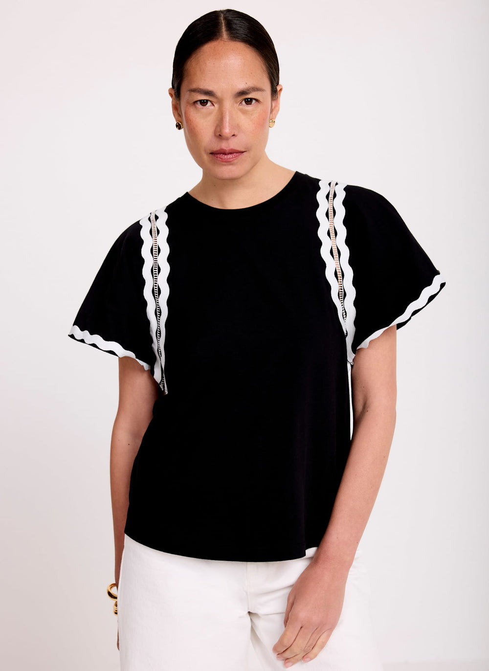 Black Cotton Blend Ric Rac Detail Top