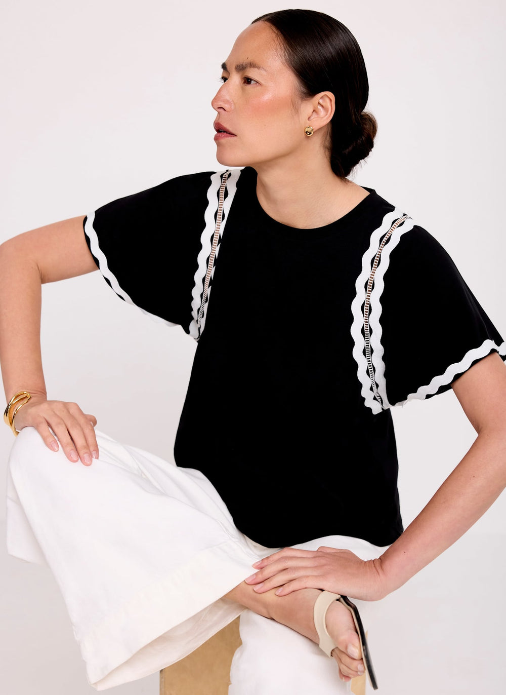 Black Cotton Blend Ric Rac Detail Top