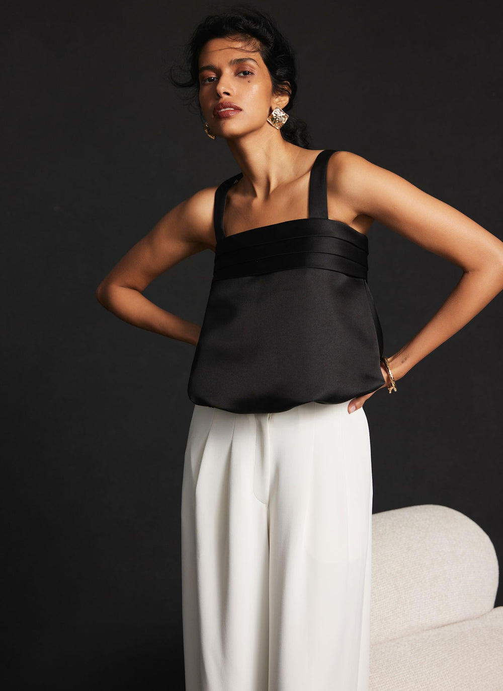 Black Satin Pleat Detail Top