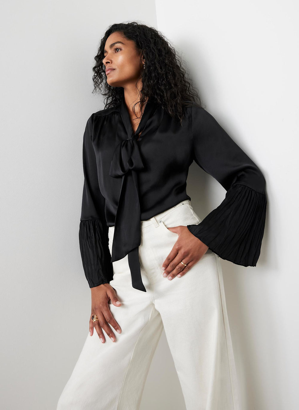 Black Satin Bow Blouse