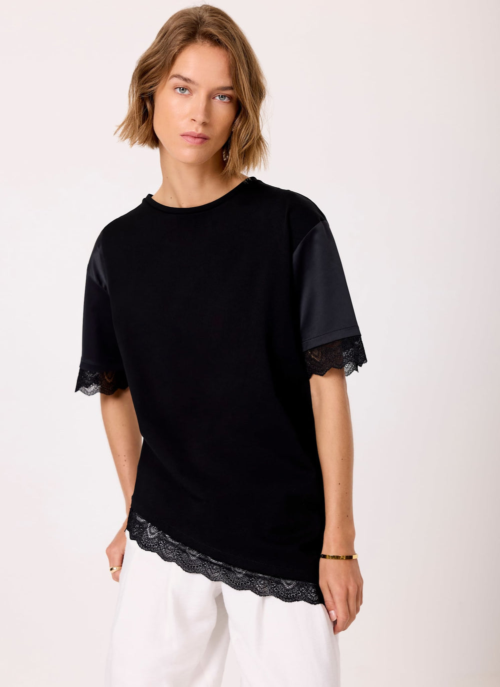 Black Satin Mix Lace Trim Top