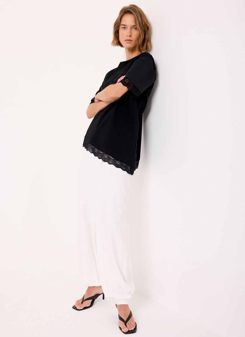 Black Satin Mix Lace Trim Top