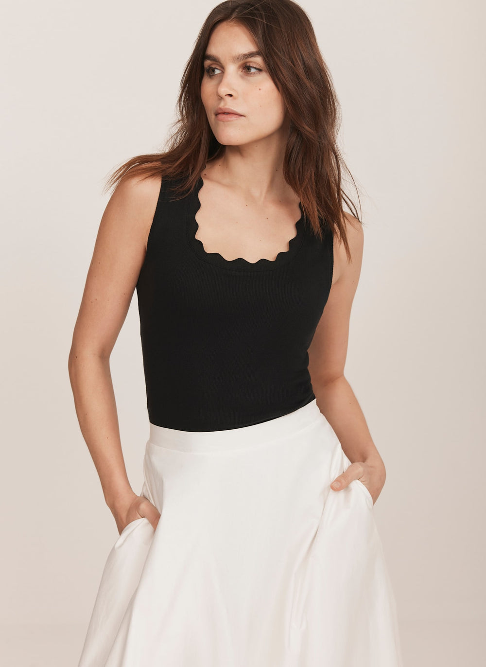 Black Scallop Trim Vest Top
