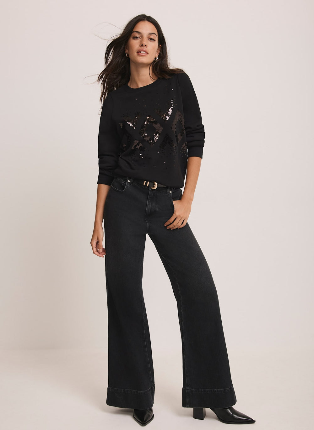Black Cotton Blend Sequin Sweatshirt