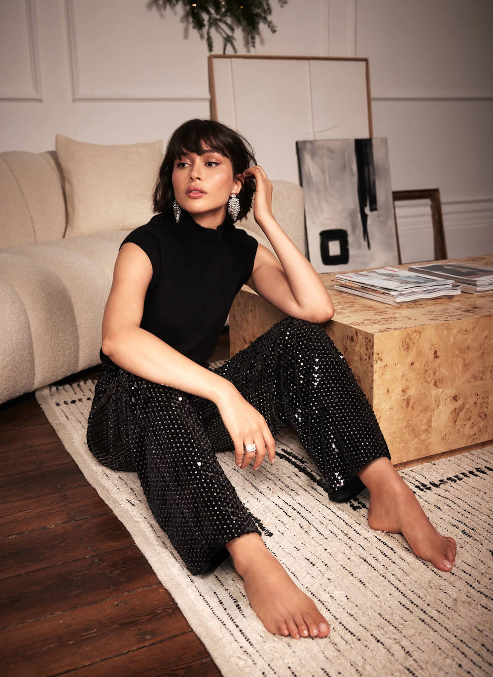 Black Sequin Velvet Wide Trousers